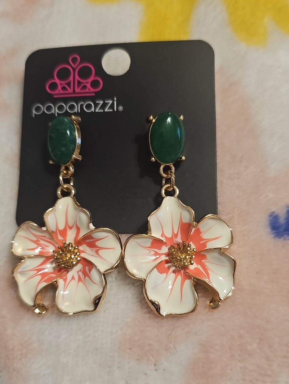 Paparazzi Coral & White Floral Drop Earrings with Green Accent